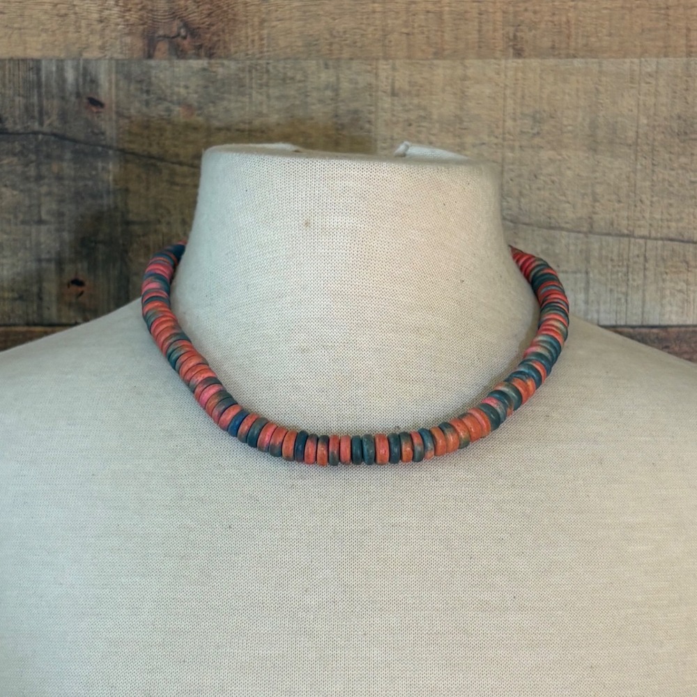 Vintage Handmade Clay Heishi Bead Necklace Orange Blue Red Barrel Clasp 18"